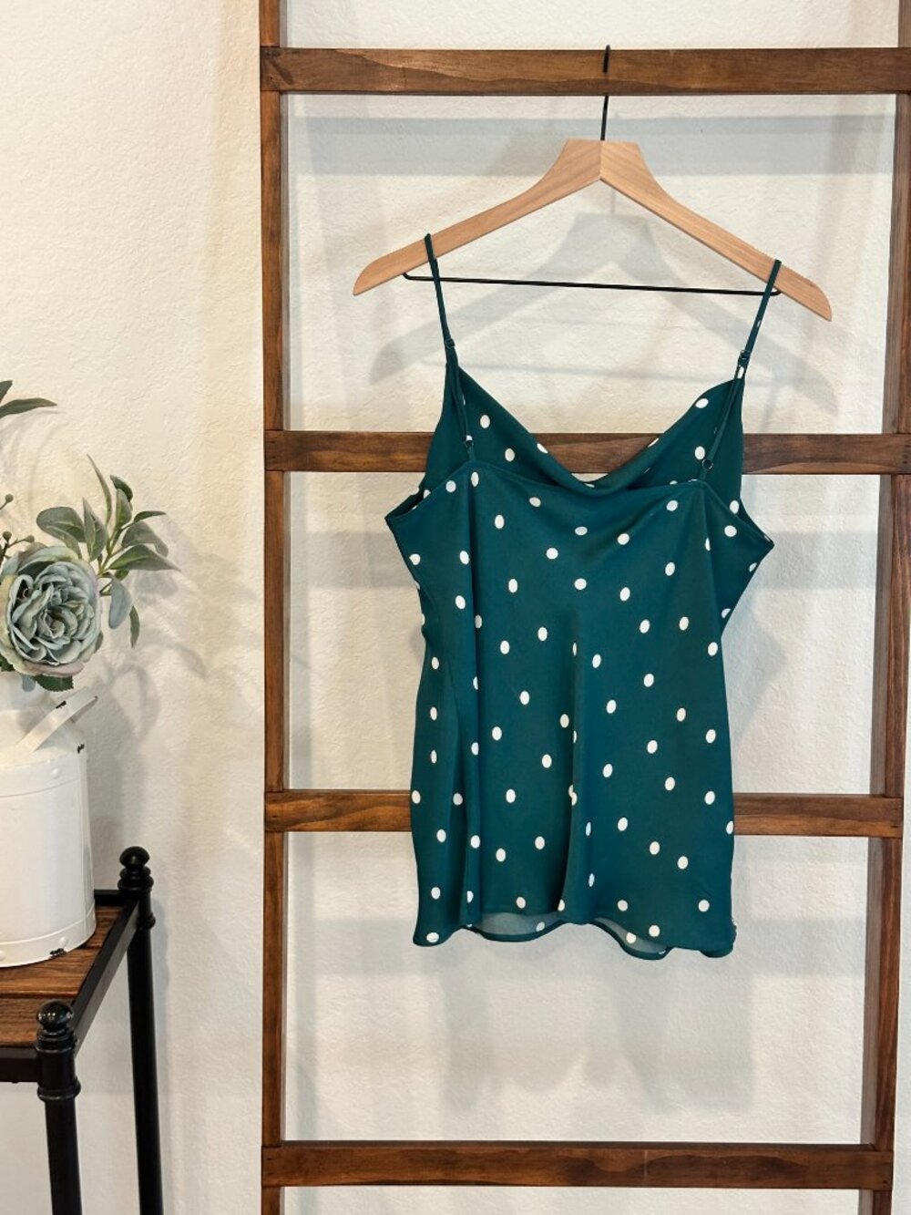 LOFT Teal Polka Dot Cowl Neck Cami Tank Medium Silky Adjustable Strap - Picture 3 of 9